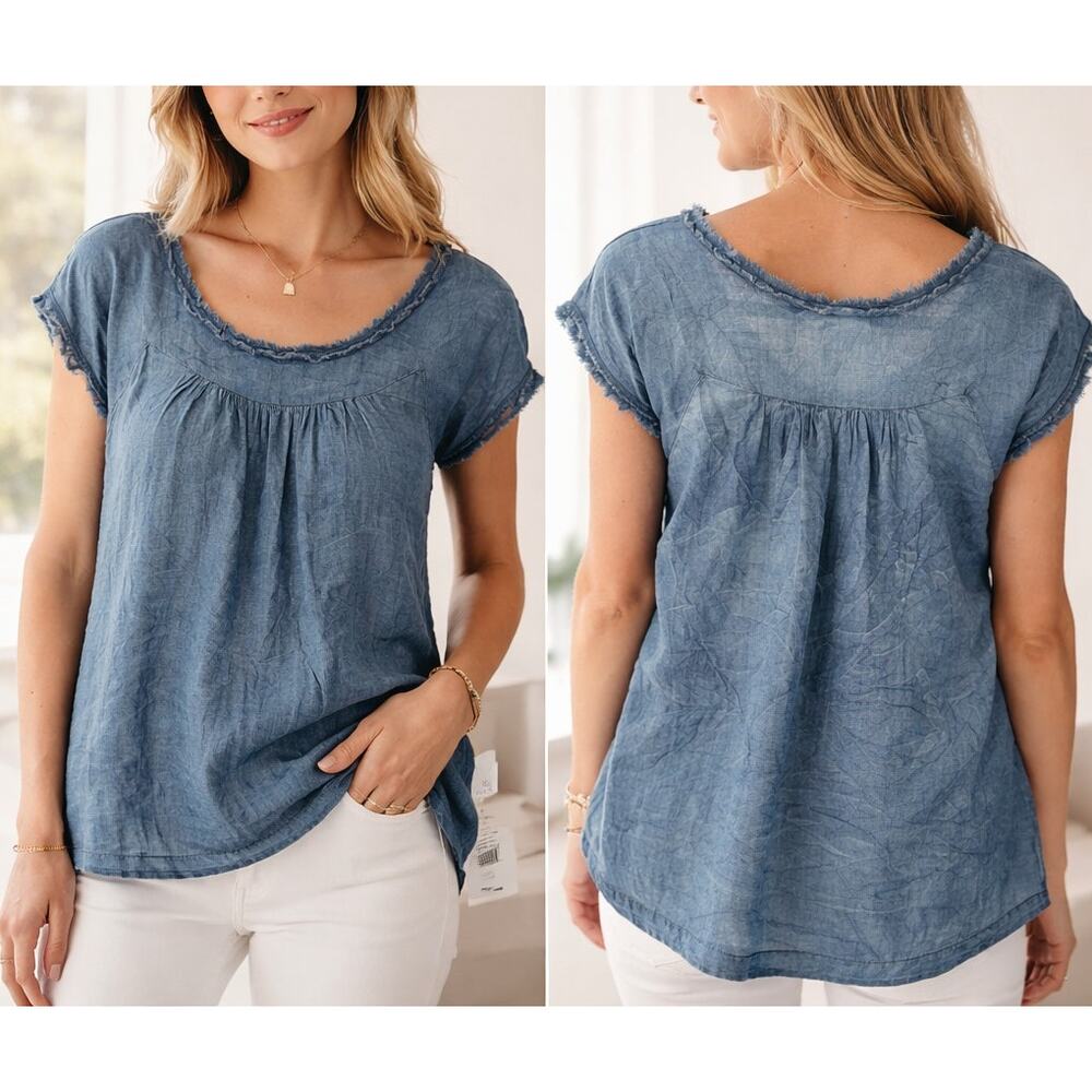 AG Adriano Goldschmied Chambray Frayed Neck Top - NWT - Size Small